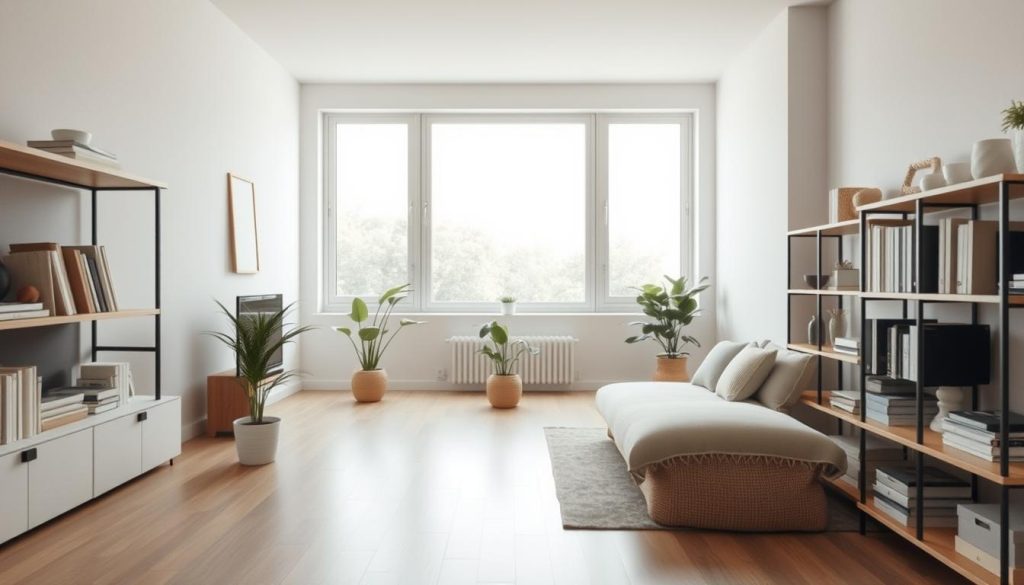 A serene, minimalist living space with a focus on decluttering for clarity. The foreground features neatly organized shelves and surfaces, with a single potted plant adding a touch of nature. The middle ground showcases a large window, allowing natural light to flood the room and create a sense of openness. The background gently fades into a soft, muted color palette, conveying a calming and focused atmosphere. The lighting is diffused and even, accentuating the clean lines and uncluttered aesthetic. Captured with a wide-angle lens, the overall composition emphasizes the sense of space and tranquility, reflecting the mindful approach to spiritual minimalism. A serene, minimalist living space with a focus on decluttering for clarity. The foreground features neatly organized shelves and surfaces, with a single potted plant adding a touch of nature. The middle ground showcases a large window, allowing natural light to flood the room and create a sense of openness. The background gently fades into a soft, muted color palette, conveying a calming and focused atmosphere. The lighting is diffused and even, accentuating the clean lines and uncluttered aesthetic. Captured with a wide-angle lens, the overall composition emphasizes the sense of space and tranquility, reflecting the mindful approach to spiritual minimalism.