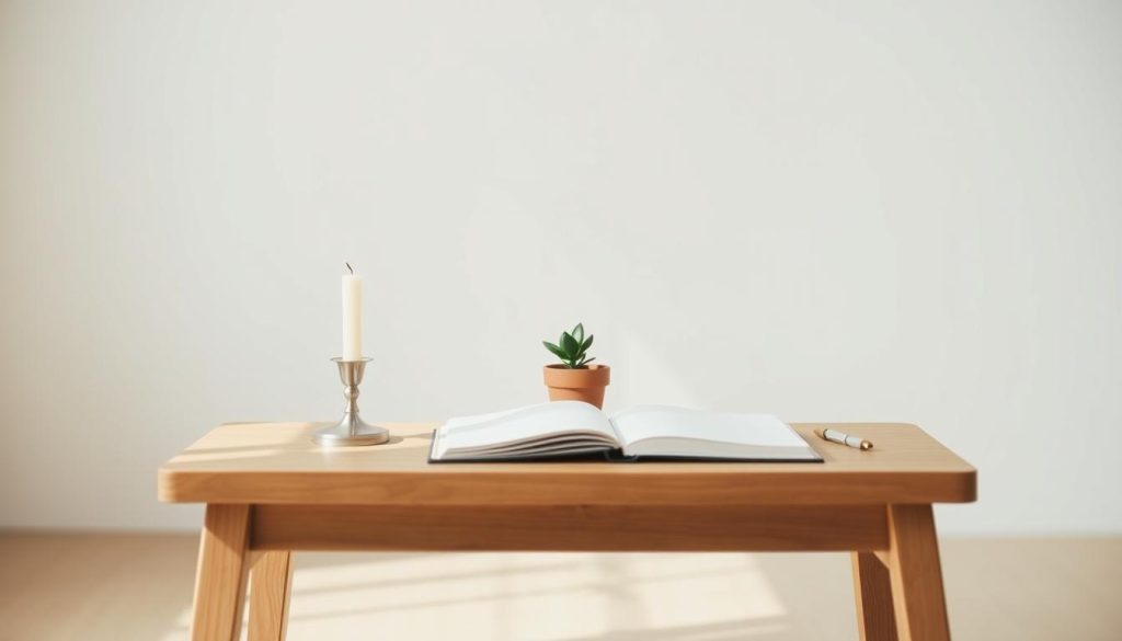 A serene, minimalist still life composition captured in soft, natural lighting. In the foreground, a simple wooden table holds a few carefully chosen objects - a single candlestick, a small potted plant, and a blank journal. The middle ground features a plain white wall, devoid of distractions, allowing the focus to remain on the intentional arrangement. The background gently fades into a soft, blurred neutral tone, creating a sense of calm and introspection. The overall mood is one of tranquility, simplicity, and a focus on the essentials - embodying the spirit of a minimalist lifestyle and the setting of intentions. A serene, minimalist still life composition captured in soft, natural lighting. In the foreground, a simple wooden table holds a few carefully chosen objects - a single candlestick, a small potted plant, and a blank journal. The middle ground features a plain white wall, devoid of distractions, allowing the focus to remain on the intentional arrangement. The background gently fades into a soft, blurred neutral tone, creating a sense of calm and introspection. The overall mood is one of tranquility, simplicity, and a focus on the essentials - embodying the spirit of a minimalist lifestyle and the setting of intentions.