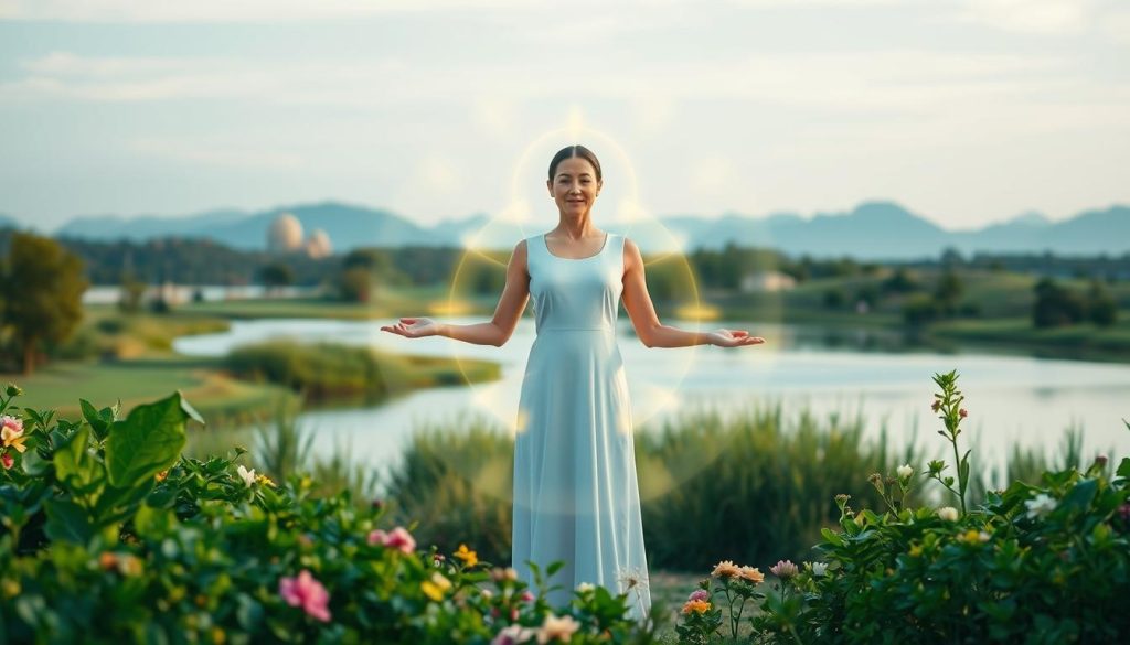 A serene outdoor scene with a central figure representing an empath, surrounded by a glowing energy field that forms protective boundaries. The empath stands calmly, hands outstretched, with a peaceful, empowered expression. In the foreground, lush green foliage and flowers symbolize growth and nurturing. The middle ground features a tranquil lake or pond, reflecting the sky. In the background, distant mountains or hills create a sense of spaciousness and calm. The lighting is soft and diffused, creating a warm, soothing atmosphere. The overall composition conveys a feeling of inner strength, self-care, and the establishment of healthy boundaries.