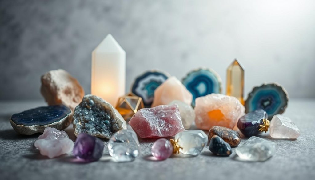 A still life arrangement showcasing an assortment of the most effective crystals for emotional balance and mood support. In the foreground, display a selection of calming quartz, amethyst, and rose quartz specimens, arranged with care and illuminated by soft, diffused lighting that accentuates their natural beauty and inner glow. In the middle ground, include additional crystals such as blue lace agate, lepidolite, and citrine, each chosen for their unique properties in promoting mental and emotional well-being. The background should feature a serene, minimalist setting, perhaps with a subtle textured surface that complements the crystals' organic forms. Capture the image with a shallow depth of field to draw the viewer's focus to the main crystals, conveying a sense of tranquility and therapeutic potential. A still life arrangement showcasing an assortment of the most effective crystals for emotional balance and mood support. In the foreground, display a selection of calming quartz, amethyst, and rose quartz specimens, arranged with care and illuminated by soft, diffused lighting that accentuates their natural beauty and inner glow. In the middle ground, include additional crystals such as blue lace agate, lepidolite, and citrine, each chosen for their unique properties in promoting mental and emotional well-being. The background should feature a serene, minimalist setting, perhaps with a subtle textured surface that complements the crystals' organic forms. Capture the image with a shallow depth of field to draw the viewer's focus to the main crystals, conveying a sense of tranquility and therapeutic potential.