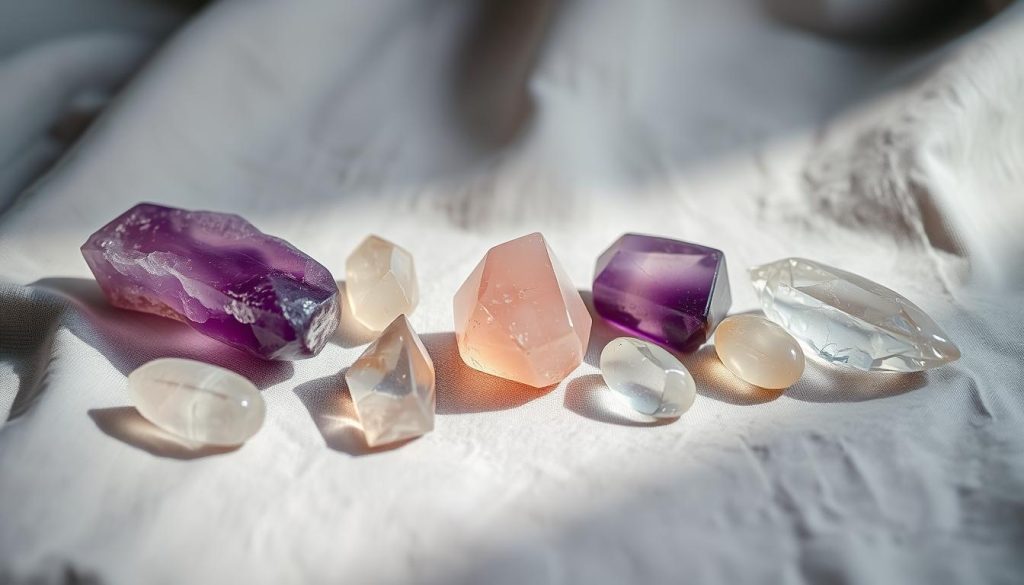 A tranquil arrangement of various crystals, including amethyst, rose quartz, and clear quartz, delicately placed on a soft, grey linen cloth. The crystals are illuminated by soft, diffused lighting, casting gentle shadows and highlighting their unique shapes and translucent qualities. The composition is balanced, with the crystals arranged in a visually pleasing manner, conveying a sense of harmony and serenity. The overall mood is calming and introspective, inviting the viewer to connect with the therapeutic properties of these natural gemstones and their potential to alleviate anxiety. A tranquil arrangement of various crystals, including amethyst, rose quartz, and clear quartz, delicately placed on a soft, grey linen cloth. The crystals are illuminated by soft, diffused lighting, casting gentle shadows and highlighting their unique shapes and translucent qualities. The composition is balanced, with the crystals arranged in a visually pleasing manner, conveying a sense of harmony and serenity. The overall mood is calming and introspective, inviting the viewer to connect with the therapeutic properties of these natural gemstones and their potential to alleviate anxiety.