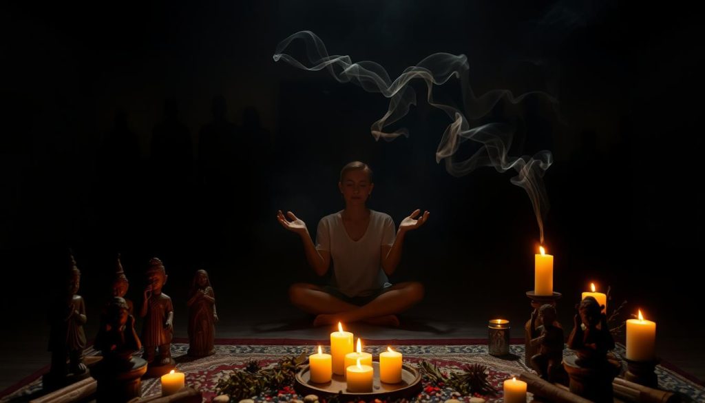 A tranquil, dimly lit ritual space. In the foreground, an altar adorned with ancestral symbols - carved wood figurines, burning candles, fragrant herbs. The middle ground features a person sitting cross-legged, palms upturned in a posture of openness and reverence. Wisps of incense drift through the air, casting a warm, ethereal glow. In the background, a shadowy procession of silhouetted figures, representing the presence of ancestral spirits. The scene exudes a sense of deep connection, quiet contemplation, and the healing power of honoring one's lineage.