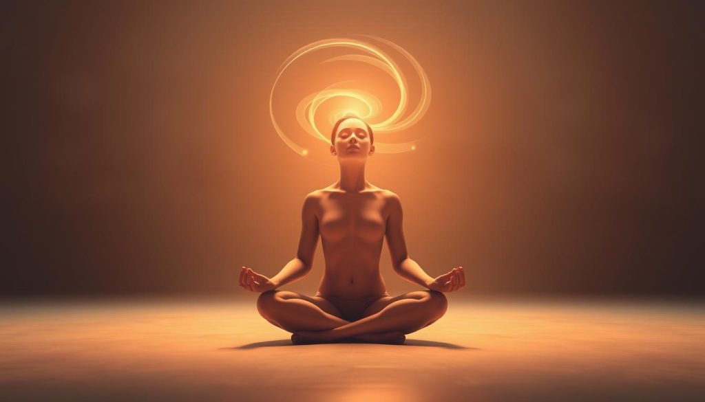 A tranquil figure sits in lotus pose, their eyes closed in deep contemplation. Swirling ethereal wisps of light and energy emanate from their center, symbolizing the connection between the physical and spiritual realms. The background is a serene, softly-lit environment, with subtle textures and gradients evoking a sense of inner peace and introspection. The lighting is warm and diffused, creating a calming, introspective atmosphere. The composition is balanced and harmonious, guiding the viewer's focus inward towards the figure's meditative state.
