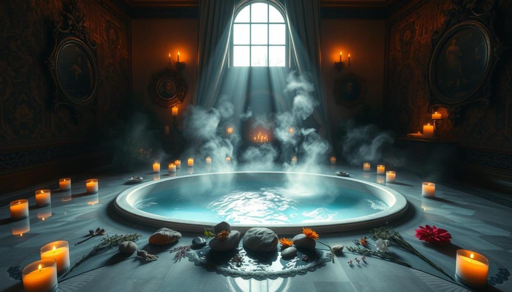 A tranquil indoor space, illuminated by the soft glow of candlelight. In the center, a deep, inviting bathtub filled with crystal-clear water, steam rising gently. Surrounding the tub, an arrangement of stones, herbs, and flowers, evoking a sense of natural harmony. The walls are adorned with tapestries and ornate mirrors, reflecting the ritual's serene ambiance. A single shaft of sunlight filters through a window, casting a warm, ethereal light across the scene. The mood is one of introspection and spiritual renewal, a private sanctuary for the soul's cleansing.