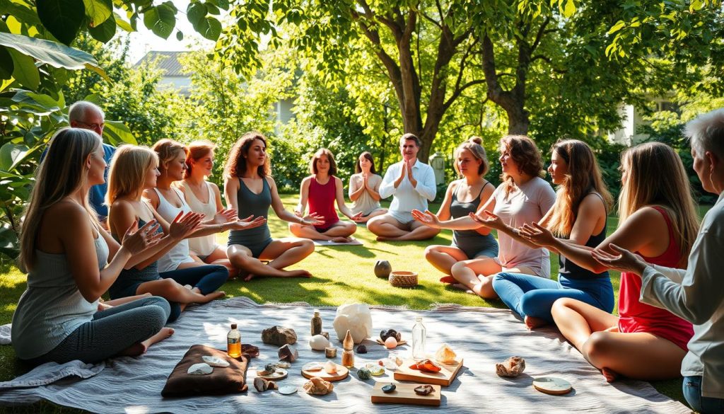 A vibrant community of energy healers gathers in a sun-dappled garden, their hands outstretched in a collective healing circle. Soft natural light filters through lush foliage, casting warm shadows across their focused expressions. In the foreground, crystals and holistic healing tools are scattered on a blanket, while in the background, people of diverse backgrounds meditate and practice yoga. The atmosphere is one of unity, peace, and a shared commitment to harnessing the power of energy healing. A vibrant community of energy healers gathers in a sun-dappled garden, their hands outstretched in a collective healing circle. Soft natural light filters through lush foliage, casting warm shadows across their focused expressions. In the foreground, crystals and holistic healing tools are scattered on a blanket, while in the background, people of diverse backgrounds meditate and practice yoga. The atmosphere is one of unity, peace, and a shared commitment to harnessing the power of energy healing.