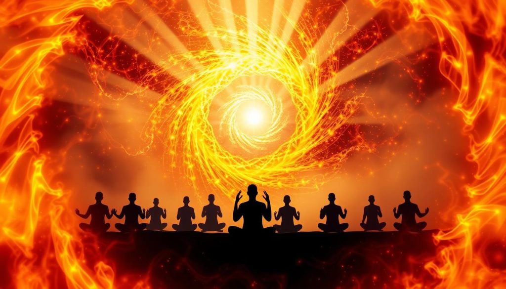 A vibrant, swirling vortex of energy pulsates in the foreground, radiating a warm, ethereal glow. Wisps of luminous spiritual essence dance and intertwine, creating a mesmerizing, kaleidoscopic display. In the middle ground, silhouetted figures stand in meditative poses, their bodies infused with the collective spiritual power emanating from the center. The background is shrouded in a soft, hazy mist, evoking a sense of tranquility and boundless potential. Beams of directional light, like divine rays, pierce through the atmosphere, illuminating the scene with a profound, transcendent energy. The overall composition conveys a deep, harmonious connection between the individual and the collective, a visualization of the synergistic power of spiritual unity.