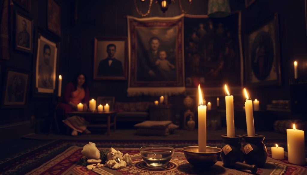 Ancestral healing ritual preparation: An intimate, dimly lit space adorned with symbols of cultural significance. In the foreground, a low table holds a collection of sacred objects - crystals, herbs, a small bowl of water. Soft, flickering candlelight casts a warm glow, creating an atmosphere of reverence and introspection. In the background, ancestral portraits and tapestries line the walls, connecting the present to the past. The scene exudes a sense of grounded spirituality, inviting the viewer to partake in the restorative process of reconnecting with one's roots.