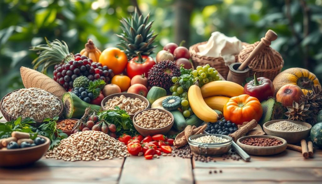 A bountiful still life arrangement showcasing the vibrant colors and diverse textures of holistic nutrition. In the foreground, a wooden table is adorned with an array of fresh fruits, vegetables, and whole grains, arranged in a visually appealing manner. The middle ground features various superfoods, herbs, and spices, conveying the richness and complexity of a holistic approach to wellness. In the background, a softly lit, natural environment with lush greenery and calming natural light creates a serene, inviting atmosphere. The overall composition exudes a sense of balance, harmony, and a deep appreciation for the nourishing power of whole, unprocessed foods. A bountiful still life arrangement showcasing the vibrant colors and diverse textures of holistic nutrition. In the foreground, a wooden table is adorned with an array of fresh fruits, vegetables, and whole grains, arranged in a visually appealing manner. The middle ground features various superfoods, herbs, and spices, conveying the richness and complexity of a holistic approach to wellness. In the background, a softly lit, natural environment with lush greenery and calming natural light creates a serene, inviting atmosphere. The overall composition exudes a sense of balance, harmony, and a deep appreciation for the nourishing power of whole, unprocessed foods.