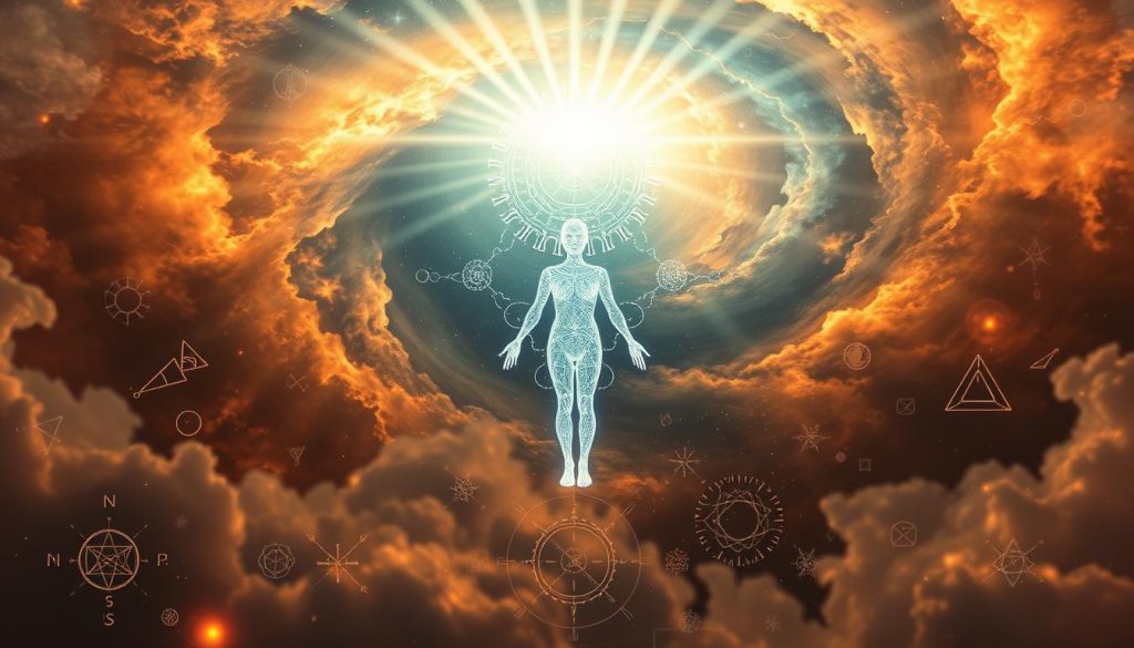 A cosmic intuition landscape, with a glowing, translucent figure emerging from a swirling, nebula-like background. The figure's silhouette is formed by intricate lines and patterns, representing the intricate web of universal messages. Beams of ethereal light radiate outward, illuminating the scene with a sense of mysticism and wonder. In the foreground, a series of abstract symbols and sigils float, hinting at the hidden meanings that lie within the universe's coded language. The lighting is soft and dreamlike, creating an atmosphere of contemplation and insight. Captured through a wide-angle lens, the composition emphasizes the vastness and interconnectedness of the cosmic realm.