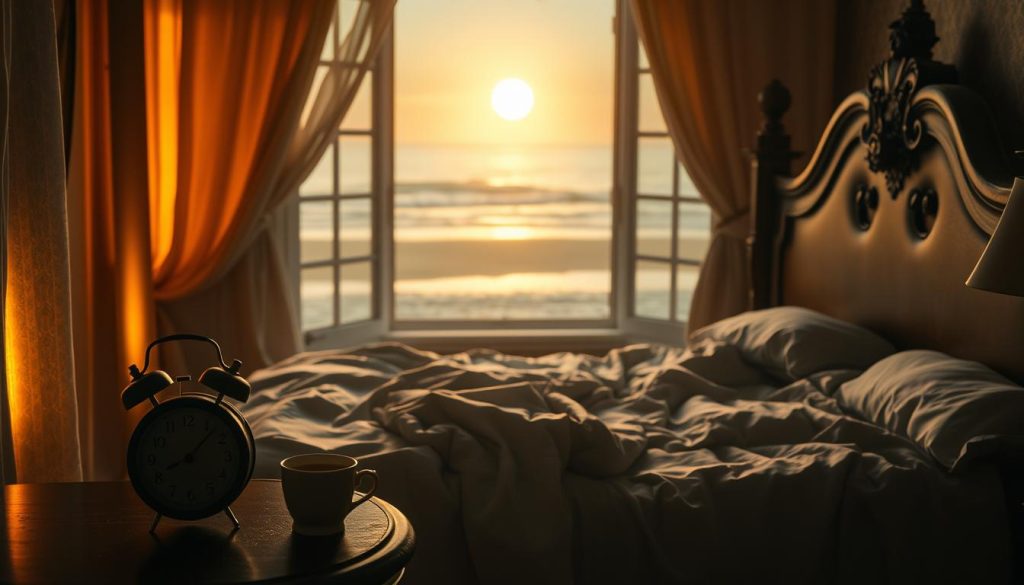A cozy, dimly lit bedroom with warm, golden lighting filtering through sheer curtains. In the foreground, a nightstand with an old-fashioned alarm clock and a cup of herbal tea, hinting at a serene, contemplative atmosphere. In the middle ground, a large, ornate wooden bed with rumpled bedsheets, suggesting a recent dream. The background features a window overlooking a peaceful, moonlit beach, the waves gently lapping at the shore, creating a sense of tranquility and connection to the natural world. The overall mood is one of introspection and the exploration of the subconscious mind. A cozy, dimly lit bedroom with warm, golden lighting filtering through sheer curtains. In the foreground, a nightstand with an old-fashioned alarm clock and a cup of herbal tea, hinting at a serene, contemplative atmosphere. In the middle ground, a large, ornate wooden bed with rumpled bedsheets, suggesting a recent dream. The background features a window overlooking a peaceful, moonlit beach, the waves gently lapping at the shore, creating a sense of tranquility and connection to the natural world. The overall mood is one of introspection and the exploration of the subconscious mind.