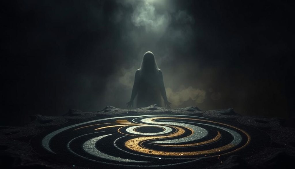 A dimly lit, mystical scene depicting the interplay of black, brown, silver, and gold. In the foreground, a central focal point features an abstract, swirling pattern of these colors, conveying a sense of balance and spiritual significance. The middle ground showcases ethereal, shadowy silhouettes that suggest the presence of unseen forces or energies. The background is shrouded in a soft, hazy glow, creating an atmosphere of contemplation and introspection. The lighting is low and moody, with subtle highlights and shadows accentuating the depth and complexity of the color palette. The overall composition evokes a feeling of grounding, reflection, and the abundance of hidden wisdom. A dimly lit, mystical scene depicting the interplay of black, brown, silver, and gold. In the foreground, a central focal point features an abstract, swirling pattern of these colors, conveying a sense of balance and spiritual significance. The middle ground showcases ethereal, shadowy silhouettes that suggest the presence of unseen forces or energies. The background is shrouded in a soft, hazy glow, creating an atmosphere of contemplation and introspection. The lighting is low and moody, with subtle highlights and shadows accentuating the depth and complexity of the color palette. The overall composition evokes a feeling of grounding, reflection, and the abundance of hidden wisdom.