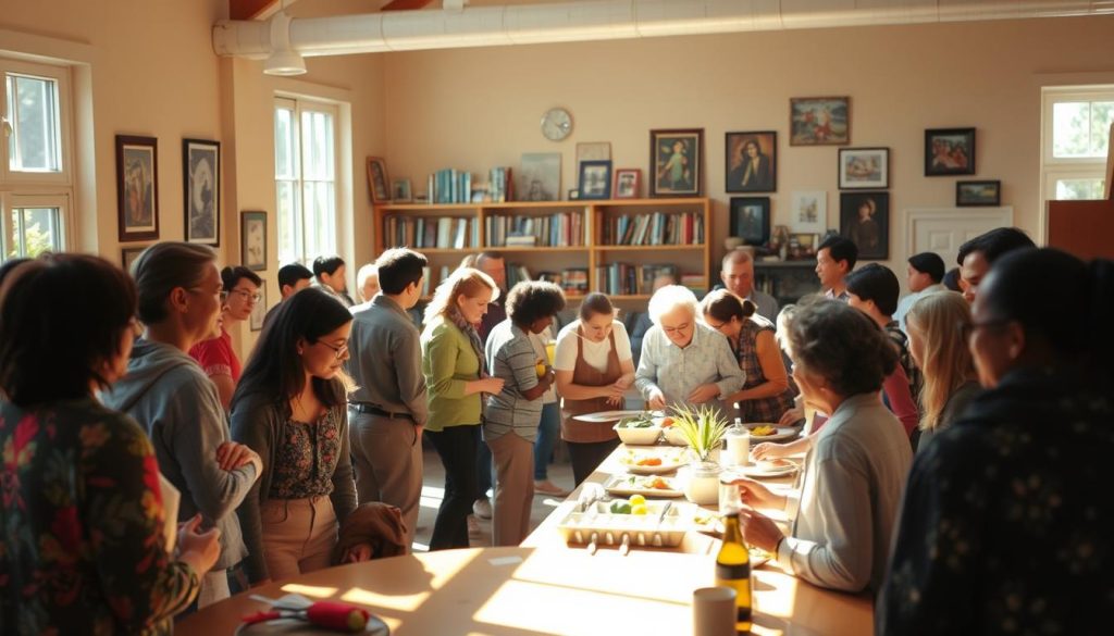 A diverse group of people gathered in a warm, inviting community center. Sunlight streams through large windows, casting a soft glow over the scene. In the foreground, friends and neighbors engage in lively conversation, sharing ideas and supporting one another. In the middle ground, a group of volunteers work together to prepare a communal meal, fostering a sense of unity and shared purpose. In the background, shelves of books and artwork adorn the walls, reflecting the rich cultural tapestry of the community. The atmosphere is one of openness, collaboration, and a deep sense of belonging, capturing the essence of "Building a Supportive Community". A diverse group of people gathered in a warm, inviting community center. Sunlight streams through large windows, casting a soft glow over the scene. In the foreground, friends and neighbors engage in lively conversation, sharing ideas and supporting one another. In the middle ground, a group of volunteers work together to prepare a communal meal, fostering a sense of unity and shared purpose. In the background, shelves of books and artwork adorn the walls, reflecting the rich cultural tapestry of the community. The atmosphere is one of openness, collaboration, and a deep sense of belonging, capturing the essence of "Building a Supportive Community".