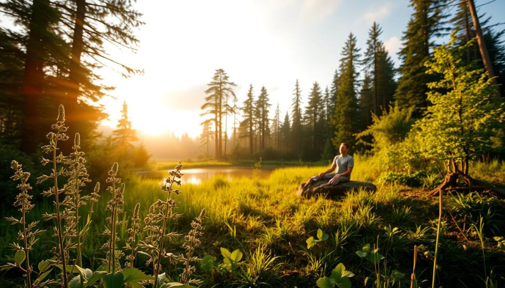 A lush, verdant forest glade bathed in warm, golden sunlight. In the foreground, a cluster of healing herbs and medicinal plants sway gently in a light breeze. The middle ground reveals a serene pond, its surface mirroring the towering trees and wispy clouds above. In the distance, a lone figure sits cross-legged on a moss-covered rock, eyes closed in deep meditation, embodying the harmony between nature and the human spirit. The scene is captured with a wide-angle lens, giving a sense of scale and tranquility. The overall mood is one of natural healing, rejuvenation, and the restorative power of the Earth. A lush, verdant forest glade bathed in warm, golden sunlight. In the foreground, a cluster of healing herbs and medicinal plants sway gently in a light breeze. The middle ground reveals a serene pond, its surface mirroring the towering trees and wispy clouds above. In the distance, a lone figure sits cross-legged on a moss-covered rock, eyes closed in deep meditation, embodying the harmony between nature and the human spirit. The scene is captured with a wide-angle lens, giving a sense of scale and tranquility. The overall mood is one of natural healing, rejuvenation, and the restorative power of the Earth.