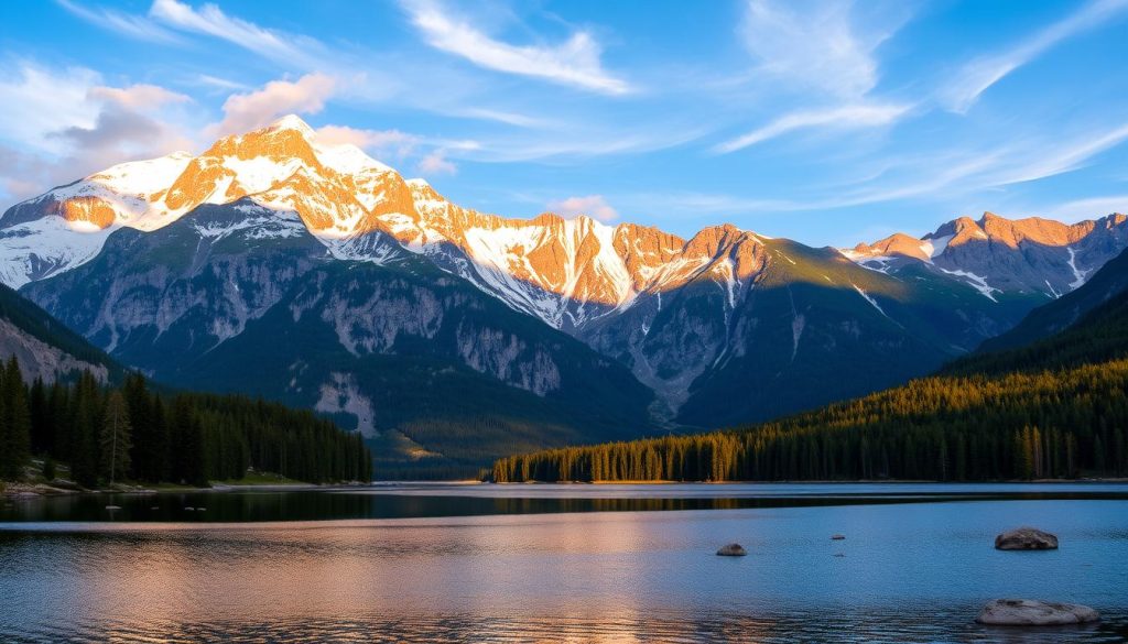 A majestic mountain landscape, its peaks reaching towards the heavens, capped with pristine snow that glitters in the golden light of the setting sun. In the foreground, a tranquil alpine lake reflects the towering cliffs and lush, verdant forests that surround it. Wispy clouds drift lazily across the azure sky, casting soft shadows over the rugged terrain. The scene exudes a sense of timeless wonder, inviting the viewer to pause and immerse themselves in the power and beauty of nature's grandeur. A majestic mountain landscape, its peaks reaching towards the heavens, capped with pristine snow that glitters in the golden light of the setting sun. In the foreground, a tranquil alpine lake reflects the towering cliffs and lush, verdant forests that surround it. Wispy clouds drift lazily across the azure sky, casting soft shadows over the rugged terrain. The scene exudes a sense of timeless wonder, inviting the viewer to pause and immerse themselves in the power and beauty of nature's grandeur.