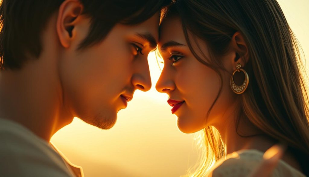 A mesmerizing tableau of two soulmates gazing into each other's eyes, bathed in a warm, golden light that radiates an undeniable, timeless connection. In the foreground, their faces are sharply focused, brows slightly furrowed as if in deep contemplation, their bodies leaning towards one another, drawn by an irresistible, magnetic force. The middle ground is softly blurred, hinting at a dreamlike, ethereal quality, while the background is a serene, hazy landscape, suggesting a sense of timelessness and the universal nature of their bond. The overall mood is one of profound intimacy, a profound recognition of kindred spirits destined to find each other across lifetimes.