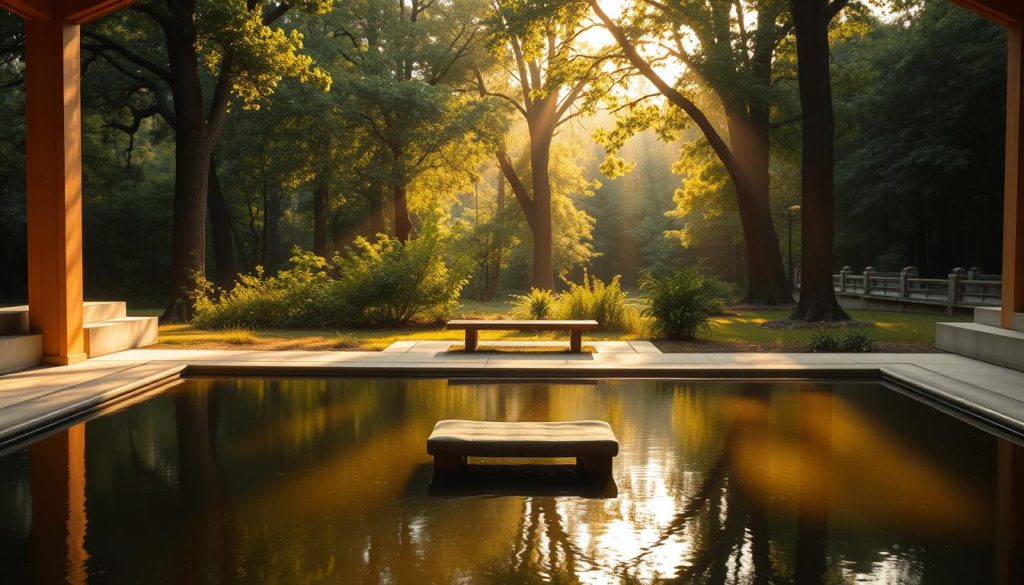 A peaceful, serene outdoor location bathed in warm, soft natural lighting. In the foreground, a tranquil pond or reflecting pool with still, mirror-like waters. In the middle ground, a simple wooden bench or meditation cushion overlooking the water. In the background, a lush, verdant forest with towering trees and dappled sunlight filtering through the canopy. An atmosphere of profound stillness and spiritual contemplation pervades the scene, inviting the viewer to pause, breathe deeply, and connect with the sacred energy of the space.