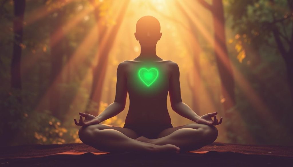 A serene and calming scene of a person sitting in a cross-legged meditation pose, their hands resting gently on their lap. The background is a lush, verdant forest with rays of warm, golden sunlight filtering through the canopy. Soft, muted tones of green, brown, and soft pinks and purples create a soothing, harmonious palette. The figure's heart chakra, located at the center of the chest, is glowing with a radiant, emerald-green light, symbolizing the healing and balancing of this energy center. The overall mood is one of tranquility, inner peace, and spiritual rejuvenation.