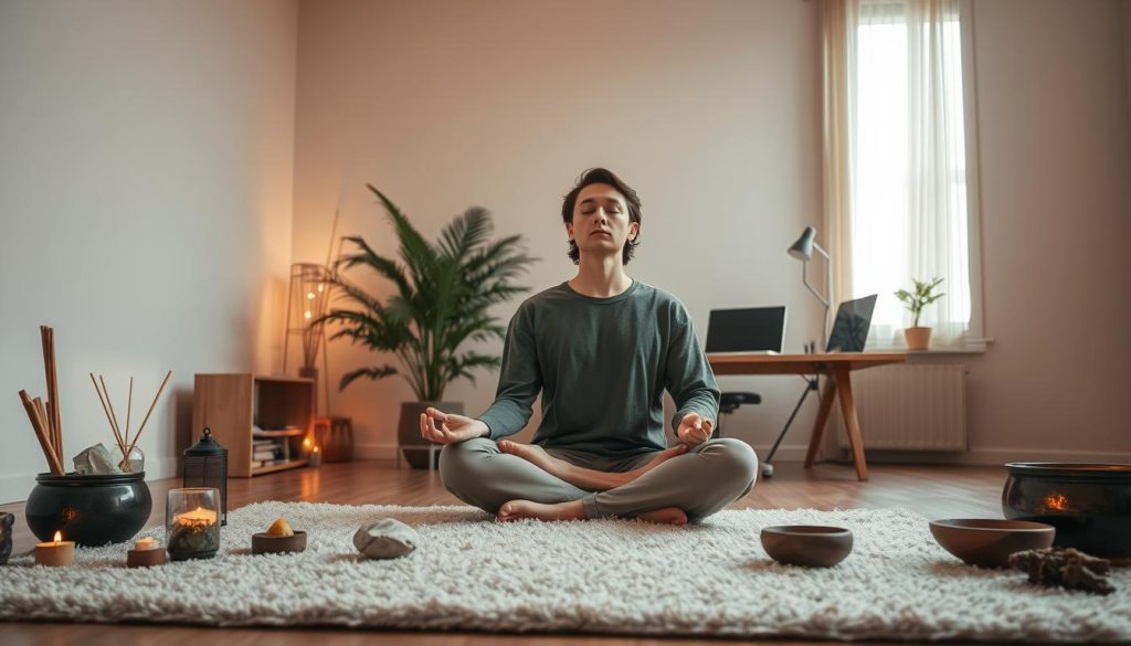 A serene and minimalist workspace bathed in warm, diffused lighting. Surrounding them, an array of crystals, smudge sticks, and small bowls of herbs emit a calming energy. In the middle ground, a large potted plant and a simple wooden desk with a laptop and a few personal items. The background features neutral-toned walls, with a large window that allows natural light to filter in, creating a sense of openness and tranquility. The overall atmosphere is one of peaceful focus and intentional energy clearing.