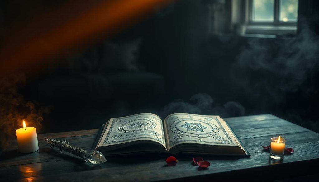 A serene, dimly lit room with a single beam of warm, golden light shining down on a wooden table. Upon the table, a large open book with swirling, ethereal symbols and sigils, surrounded by an array of mystical objects - a burning candle, a quartz crystal, a sprig of sage, and a small bowl of rose petals. The room is shrouded in a hazy, atmospheric mist, creating a contemplative, otherworldly ambiance. The overall mood is one of introspection, intention-setting, and the power of manifestation. A serene, dimly lit room with a single beam of warm, golden light shining down on a wooden table. Upon the table, a large open book with swirling, ethereal symbols and sigils, surrounded by an array of mystical objects - a burning candle, a quartz crystal, a sprig of sage, and a small bowl of rose petals. The room is shrouded in a hazy, atmospheric mist, creating a contemplative, otherworldly ambiance. The overall mood is one of introspection, intention-setting, and the power of manifestation.