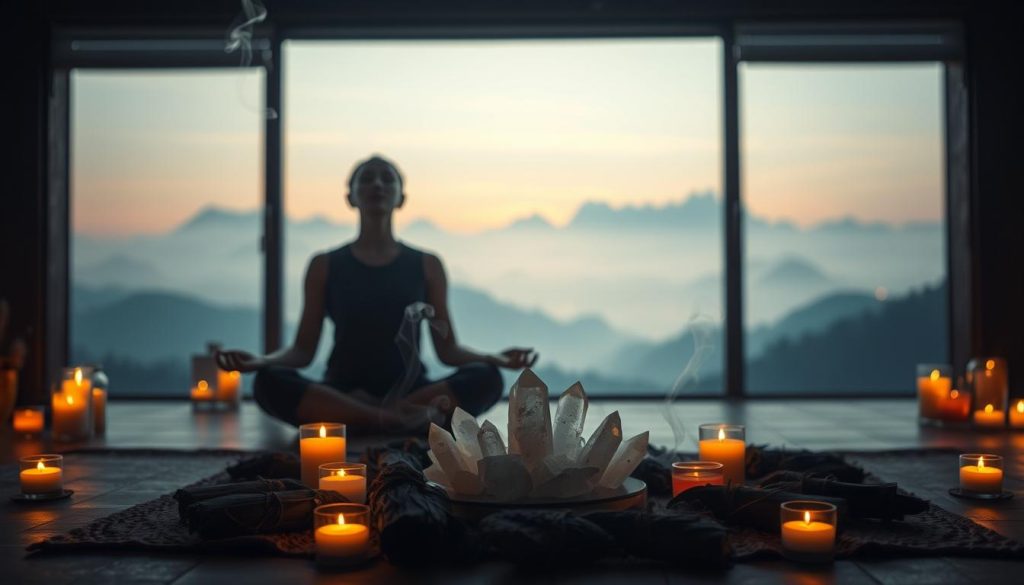 A serene, dimly lit room with warm lighting from candles and incense. In the foreground, a person sits cross-legged, palms facing upwards, eyes closed in deep meditation. Gentle wisps of smoke curl around them, symbolizing the release of negative energy. In the middle ground, crystals and sage bundles are arranged in a circular pattern, imbuing the space with cleansing vibrations. The background depicts a soft, ethereal landscape, with mist-shrouded mountains and a glowing horizon, conveying a sense of tranquility and renewed energy.