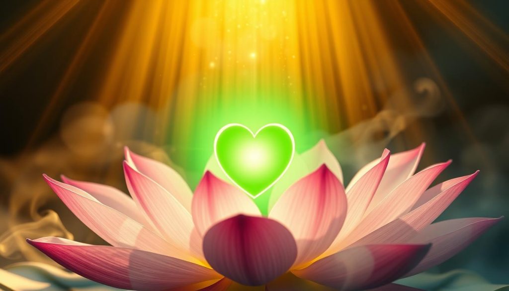 A serene, glowing heart chakra radiates in the center of the frame, its vibrant emerald hue pulsing with spiritual energy. Delicate petals of the lotus flower unfurl around it, their soft pink hues complementing the central chakra. Shimmering golden light cascades down from above, bathing the scene in a warm, transcendent glow. Wisps of ethereal mist swirl gently, creating a sense of mysticism and inner awakening. The composition is balanced and harmonious, drawing the viewer's focus to the vibrant heart center and inviting them to connect with their own spiritual essence.