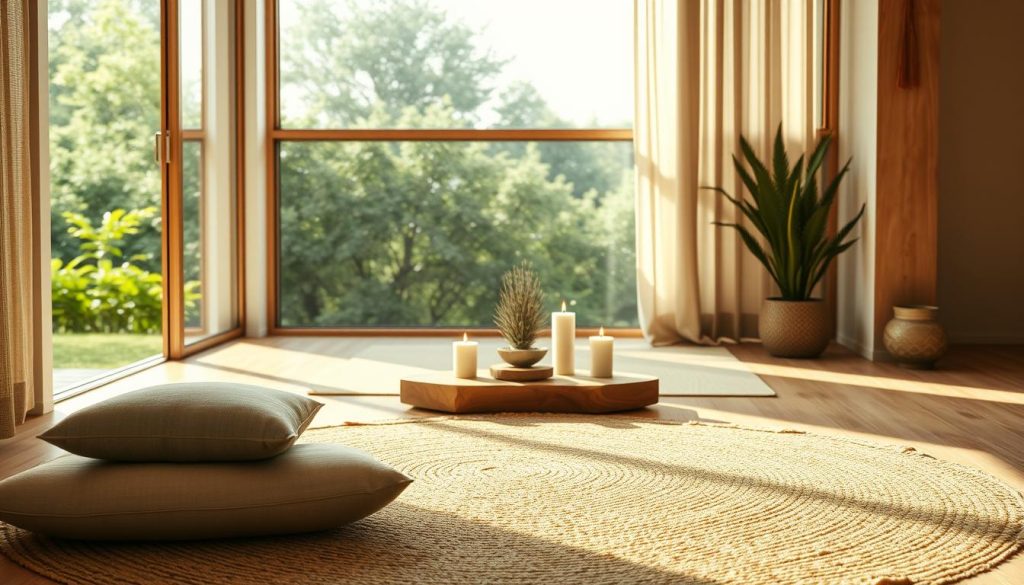 A serene, holistic sanctuary design featuring a sunlit meditation space with natural textures and soothing tones. In the foreground, a plush, natural fiber rug anchors a cushioned seating area facing a large, open window with a view of lush greenery outside. The middle ground showcases a wooden altar or meditation table adorned with candles, crystals, and a subtle plant centerpiece. The background bathes the space in warm, diffused lighting, creating a calming, introspective atmosphere. The overall design exudes a sense of balance, harmony, and connection to the natural world, inviting deep contemplation and inner exploration.