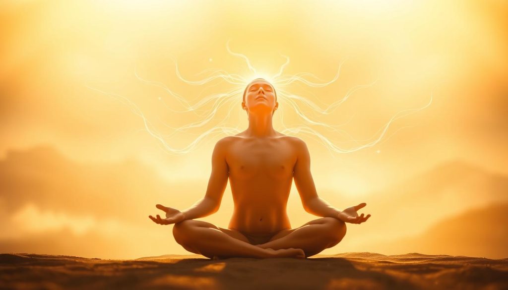 A serene, introspective figure sits cross-legged, eyes closed, radiating a sense of profound inner peace. Warm, golden light bathes the scene, casting a soft, ethereal glow. Wispy, translucent tendrils of energy emanate from the figure, signifying a heightened state of spiritual awareness. In the background, a blurred, abstract landscape evokes a timeless, transcendent quality, removing the viewer from the physical realm. Gentle, contemplative piano music plays, further enhancing the tranquil, meditative atmosphere. The overall impression is one of deep, transformative inner exploration, guiding the viewer towards a heightened state of spiritual growth and connection. A serene, introspective figure sits cross-legged, eyes closed, radiating a sense of profound inner peace. Warm, golden light bathes the scene, casting a soft, ethereal glow. Wispy, translucent tendrils of energy emanate from the figure, signifying a heightened state of spiritual awareness. In the background, a blurred, abstract landscape evokes a timeless, transcendent quality, removing the viewer from the physical realm. Gentle, contemplative piano music plays, further enhancing the tranquil, meditative atmosphere. The overall impression is one of deep, transformative inner exploration, guiding the viewer towards a heightened state of spiritual growth and connection.
