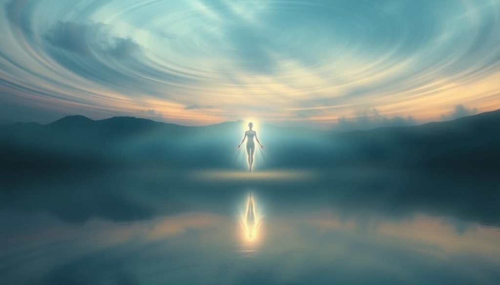 A serene landscape with a glowing, ethereal figure in the center, representing the intuitive guidance of the soul. The figure emanates a soft, ambient light, casting a warm glow across the scene. In the background, a swirling, mystical sky with subtle shades of blues, purples, and greens, symbolizing the interconnectedness of the spiritual realm. The foreground features a peaceful, tranquil body of water, its surface reflecting the celestial imagery above. The overall composition conveys a sense of harmony, balance, and the soul's alignment with its divine path.