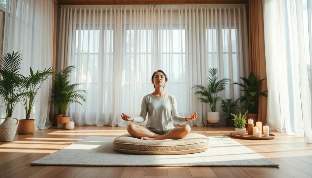 A serene living room, flooded with soft natural light filtering through sheer curtains. In the center, a person sits cross-legged on a plush floor cushion, eyes closed in deep meditation. Peaceful potted plants and candles adorn the space, creating a calming ambiance. The camera captures the scene from an elevated angle, highlighting the tranquil atmosphere and the person's focused, introspective pose. Warm, muted tones pervade the image, conveying a sense of inner stillness and harmony.