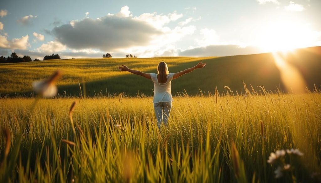 A serene meadow bathed in golden hour sunlight, with a figure standing in the center, arms outstretched, their body perfectly aligned with the gentle swaying of tall grasses and wildflowers. The scene emanates a sense of tranquility and oneness with the natural rhythms that surround the subject. Wispy clouds drift overhead, casting soft shadows that dance across the landscape. The camera angle is slightly elevated, capturing the scene from a contemplative perspective, inviting the viewer to feel the peaceful energy radiating from the image. A serene meadow bathed in golden hour sunlight, with a figure standing in the center, arms outstretched, their body perfectly aligned with the gentle swaying of tall grasses and wildflowers. The scene emanates a sense of tranquility and oneness with the natural rhythms that surround the subject. Wispy clouds drift overhead, casting soft shadows that dance across the landscape. The camera angle is slightly elevated, capturing the scene from a contemplative perspective, inviting the viewer to feel the peaceful energy radiating from the image.