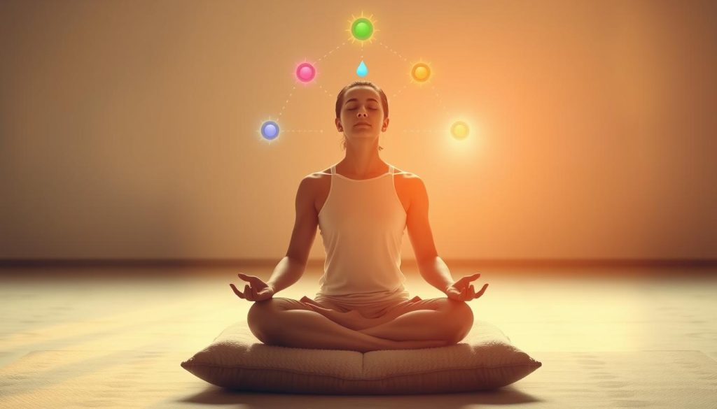 A serene meditation space, bathed in warm, soft lighting. A person sits cross-legged on a plush meditation cushion, eyes closed in deep concentration. Colorful chakra symbols float above the figure, each emanating a distinct hue. The background is a tranquil, minimalist scene, with subtle patterns and textures creating a calming atmosphere. The composition is balanced, with the meditating figure as the central focus. The overall mood is one of inner peace, harmony, and spiritual awakening.