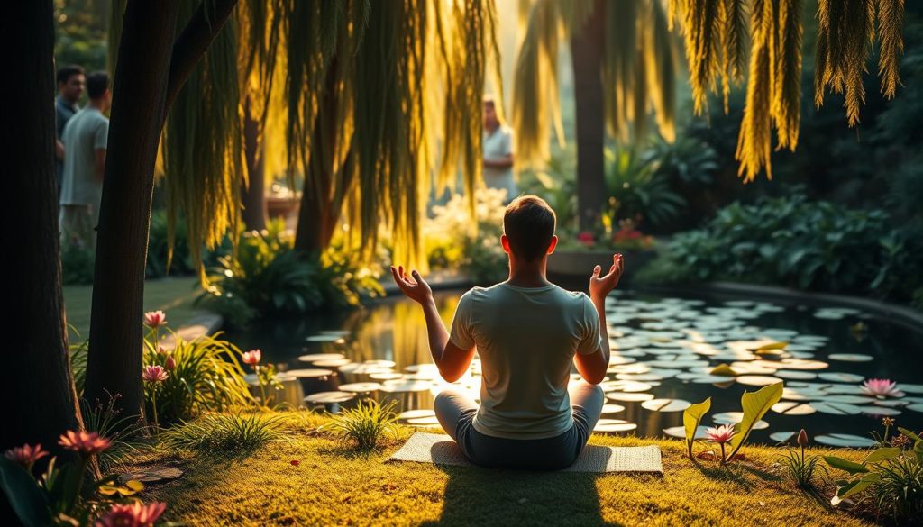 A serene meditation space in a lush, verdant garden. A person sits on the ground, eyes closed, palms upturned in a gesture of receptivity. Warm, golden sunlight filters through the canopy of trees, casting a soft, diffused glow. The background features a tranquil pond with lily pads floating on the surface, surrounded by vibrant flowers and greenery. The overall atmosphere is one of deep focus, inner calm, and a sense of connection with the natural world. A serene meditation space in a lush, verdant garden. A person sits on the ground, eyes closed, palms upturned in a gesture of receptivity. Warm, golden sunlight filters through the canopy of trees, casting a soft, diffused glow. The background features a tranquil pond with lily pads floating on the surface, surrounded by vibrant flowers and greenery. The overall atmosphere is one of deep focus, inner calm, and a sense of connection with the natural world.