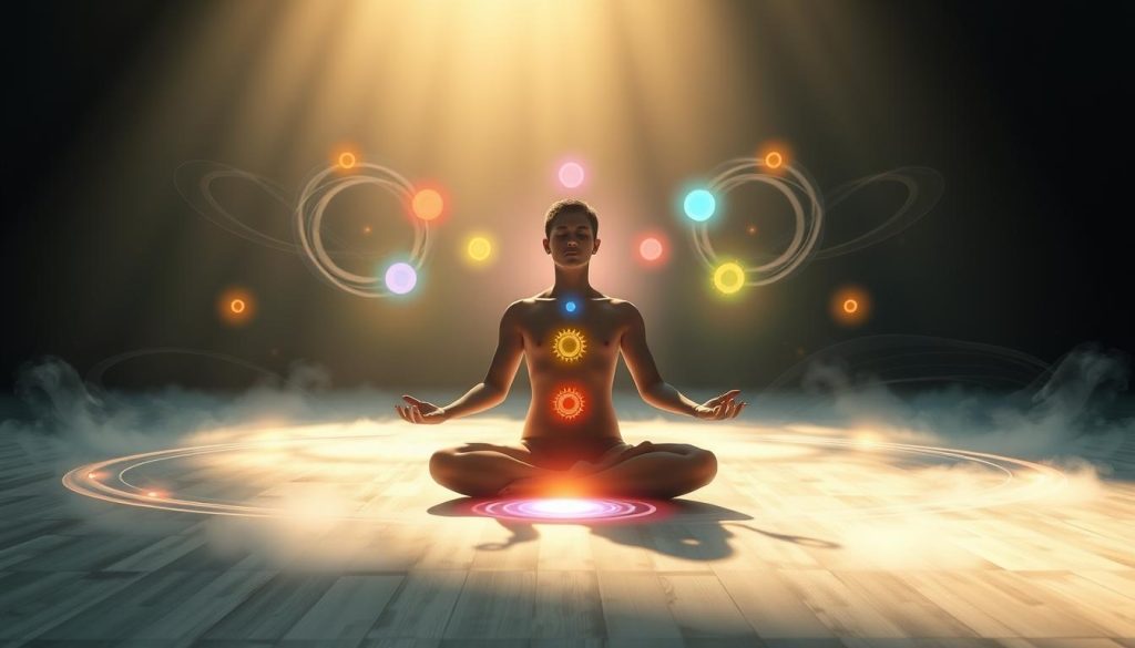 A serene meditation space with soft, diffused lighting from above, highlighting a central figure in a cross-legged lotus pose, palms upturned in a gesture of receptivity. Around the figure, swirling energy fields and glowing chakra symbols in vibrant hues dance in synchronicity, creating an atmosphere of balance and harmony. In the background, a tranquil, nature-inspired setting with wisps of mist or clouds, evoking a sense of otherworldly connection. The overall composition conveys a profound state of inner calm and spiritual alignment.