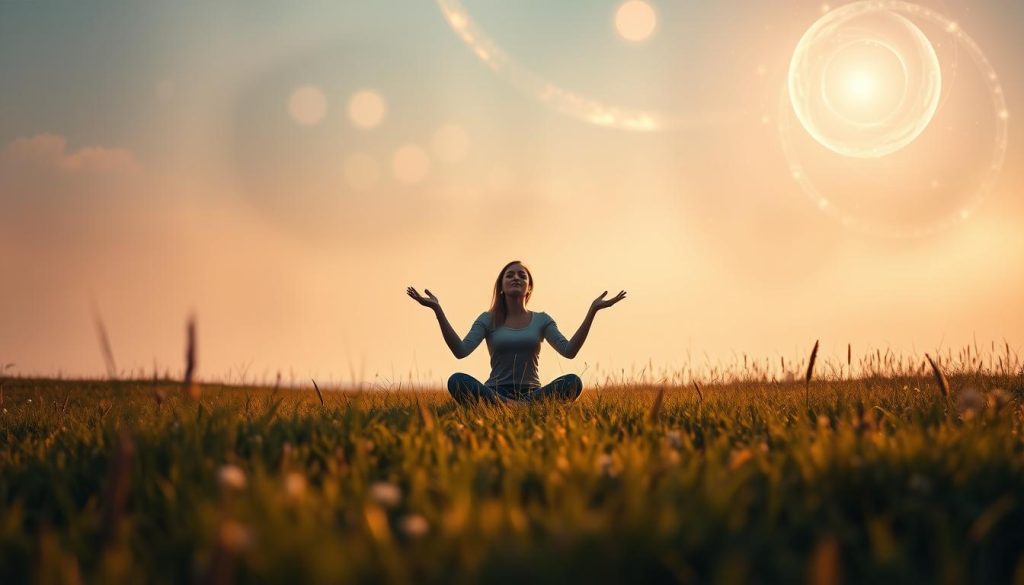 A serene outdoor scene with a tranquil meadow in the foreground, bathed in soft, warm lighting. In the middle ground, a person sits cross-legged, eyes closed, palms facing upwards, as if receiving cosmic energies. The background features a hazy, ethereal sky with swirling, glowing orbs of light, suggesting the presence of mystical, otherworldly forces. The overall atmosphere conveys a sense of inner peace, spiritual connection, and receptiveness to the universe's guidance.