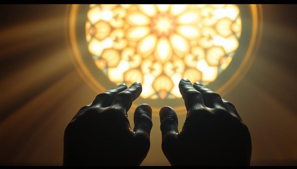 A serene, stained-glass depiction of the biblical passage "Matthew 6:16", set against a warm, diffused light. In the foreground, a detailed illustration of hands clasped in prayer, palms upturned, fingers intertwined. Intricate patterns and textures adorn the hands, suggesting a spiritual and meditative quality. In the middle ground, a soft, muted background of muted colors and subtle hues, evoking a sense of reverence and contemplation. In the background, a circular, stained-glass window casts a warm, ethereal glow, illuminating the entire scene with a divine radiance. The overall composition conveys a tranquil, devotional atmosphere, inviting the viewer to reflect on the significance of fasting as a spiritual practice.