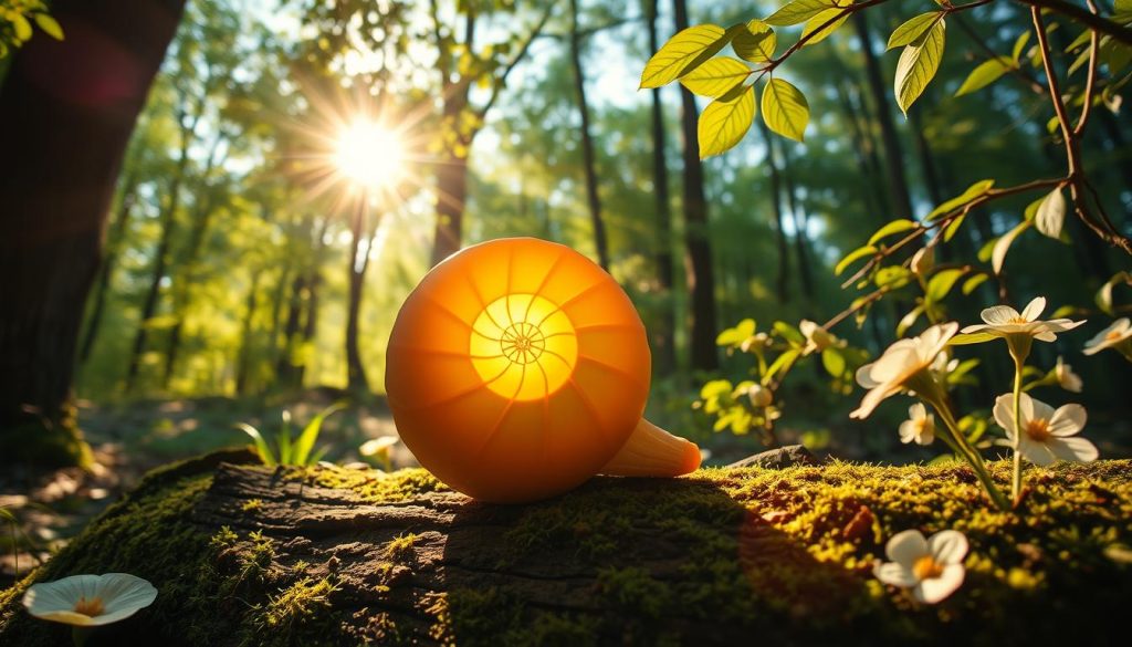A serene, sun-dappled forest glade, where the golden spiral of a nautilus shell rests upon a mossy log. Sunlight filters through the canopy, casting a warm, ethereal glow upon the scene. Intricate leaf patterns and delicate flower petals echo the divine proportions of the shell, revealing nature's underlying geometric blueprint. The composition draws the eye inward, inviting contemplation of the universal principles governing the natural world. A wide-angle lens captures the tranquil, meditative atmosphere, framing the golden ratio as a gateway to the sacred geometry that underpins the fabric of creation.