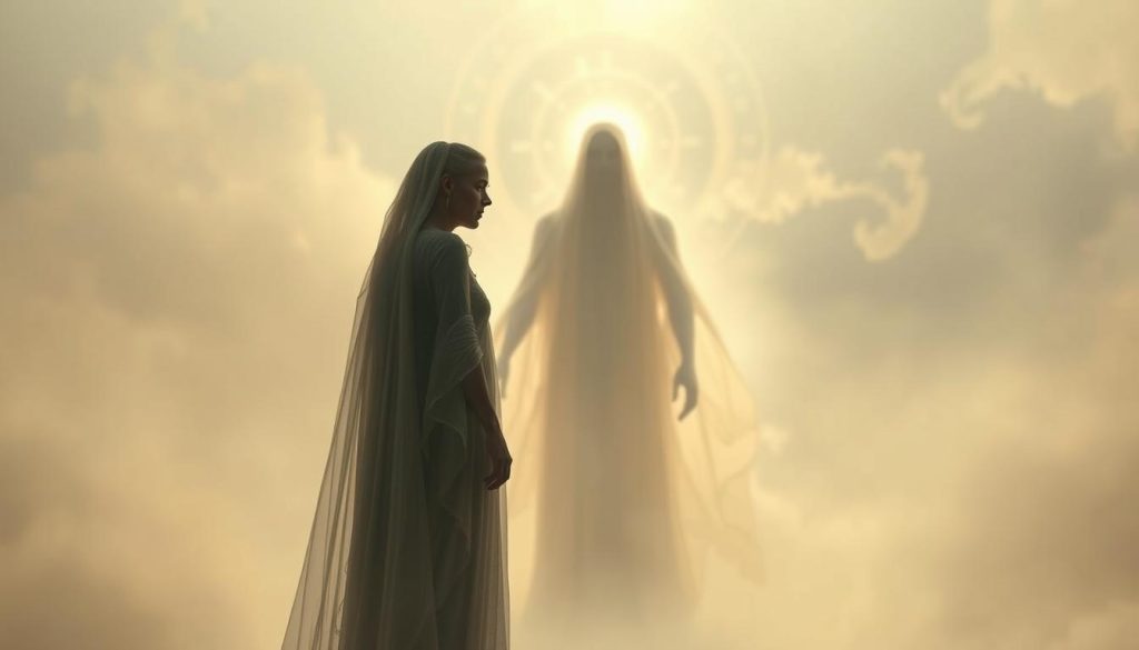 A tranquil dream-like scene of a deceased loved one visiting the dream god, a serene divine figure cloaked in ethereal light. In the foreground, the ghostly apparition of the departed stands with a gentle, comforting expression, offering solace and closure. The middle ground depicts the dream god, a majestic humanoid entity radiating a soft, golden luminescence, their face obscured in an aura of mystery. The background is a misty, dreamscape realm of swirling pastel hues and subtle patterns, evoking a sense of the otherworldly. Dramatic side lighting casts dramatic shadows, heightening the atmospheric, spiritual mood. Soft, diffused focus creates a sense of serenity and reverie. A tranquil dream-like scene of a deceased loved one visiting the dream god, a serene divine figure cloaked in ethereal light. In the foreground, the ghostly apparition of the departed stands with a gentle, comforting expression, offering solace and closure. The middle ground depicts the dream god, a majestic humanoid entity radiating a soft, golden luminescence, their face obscured in an aura of mystery. The background is a misty, dreamscape realm of swirling pastel hues and subtle patterns, evoking a sense of the otherworldly. Dramatic side lighting casts dramatic shadows, heightening the atmospheric, spiritual mood. Soft, diffused focus creates a sense of serenity and reverie.