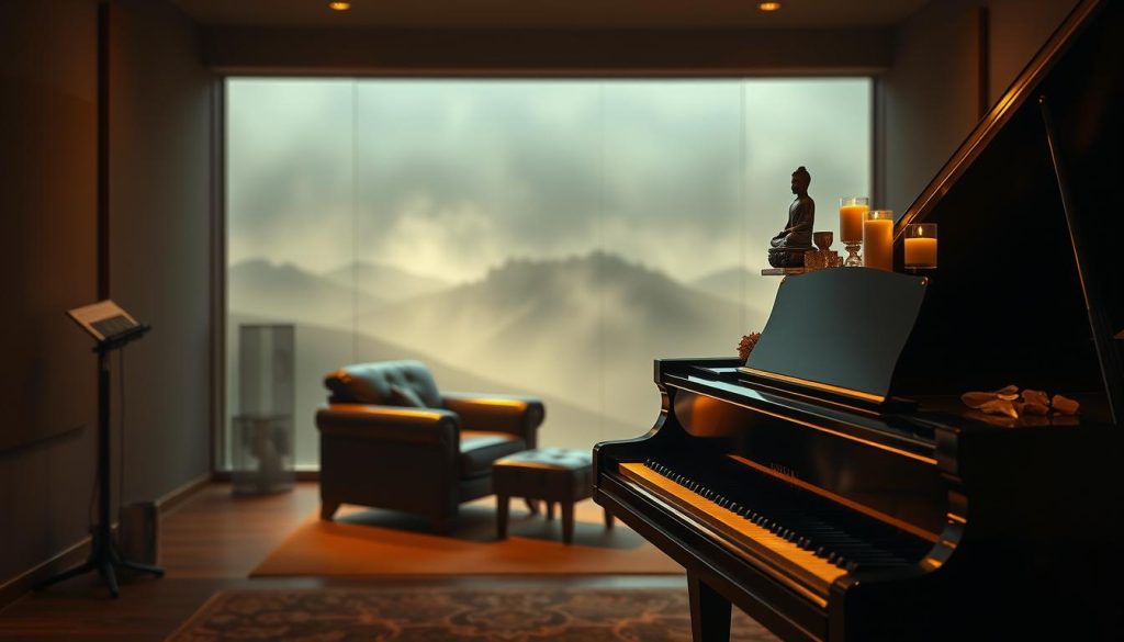 A tranquil scene of a cozy, dimly-lit recording studio. In the foreground, a grand piano stands elegantly, its keys glowing with a soft, warm light. Atop the piano, a collection of crystals, candles, and a small statue of a Buddha create a soothing, meditative atmosphere. In the middle ground, a comfortable leather armchair invites the listener to settle in and bask in the enveloping soundscape. The background fades into a hazy, dreamlike landscape, with wisps of mist or smoke adding to the serene, introspective mood. The lighting is gentle, casting a golden glow that infuses the entire scene with a sense of spiritual tranquility. A tranquil scene of a cozy, dimly-lit recording studio. In the foreground, a grand piano stands elegantly, its keys glowing with a soft, warm light. Atop the piano, a collection of crystals, candles, and a small statue of a Buddha create a soothing, meditative atmosphere. In the middle ground, a comfortable leather armchair invites the listener to settle in and bask in the enveloping soundscape. The background fades into a hazy, dreamlike landscape, with wisps of mist or smoke adding to the serene, introspective mood. The lighting is gentle, casting a golden glow that infuses the entire scene with a sense of spiritual tranquility.