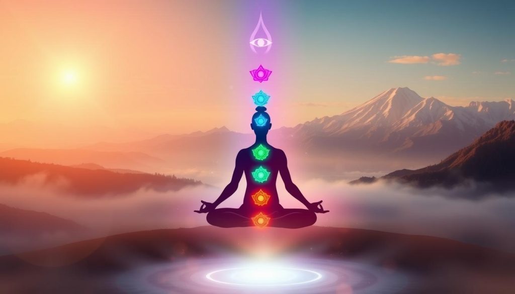 A vibrant chakra sequence painting, illuminating the journey from root to third eye. In the foreground, a stylized figure sits in lotus pose, chakras glowing in a spectrum of colors - from deep red at the base to radiant indigo at the crown. Shimmering energy flows upward, pulsing through each chakra center. The middle ground features a serene, ethereal landscape, with swirling mists and wisps of light. In the distance, a towering mountain range bathes in a warm, golden glow, symbolic of the enlightenment and clarity achieved through balanced chakras. The lighting is soft and diffuse, evoking a sense of tranquility and inner peace. Rendered in a dreamlike, impressionistic style using a wide color palette, this image captures the profound significance of chakra sequencing on the path of spiritual awakening.