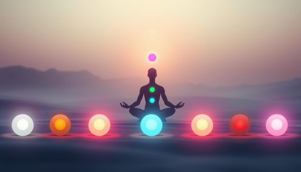 A vibrant illustration depicting the seven chakras, the energy centers from the base of the spine to the top of the head. In the foreground, seven glowing orbs representing the chakras, each with a distinct color corresponding to their energetic properties. The orbs are arranged in a vertical line, creating a sense of balance and harmony. In the middle ground, a serene human figure sits in a meditative pose, their energy radiating outward and interacting with the chakras. The background features a soft, ethereal landscape with minimal details, creating a calming and contemplative atmosphere. The lighting is soft and diffused, evoking a sense of introspection and inner exploration. The overall composition is visually striking, conveying the power and significance of the seven chakras in the practice of meditation.