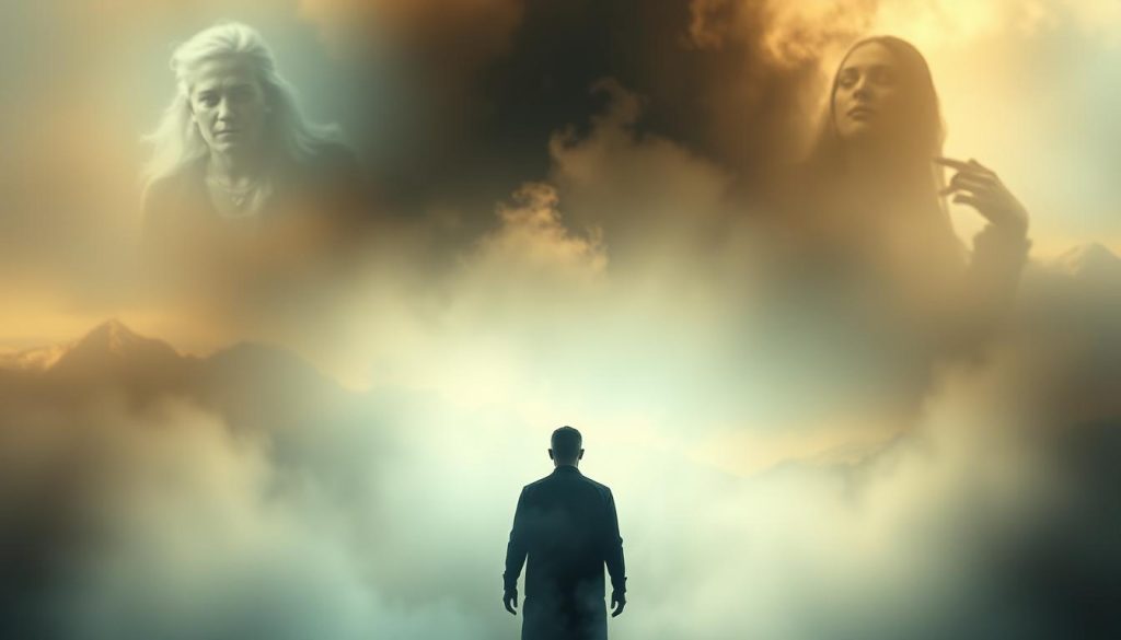 Vivid past life memories, a dreamlike vision from another time. In the foreground, a figure stands amidst swirling mists, their face obscured but emanating a sense of deep contemplation. Surrounding them, ghostly images and visions flicker and fade, like echoes of past lives. The middle ground is a hazy, ethereal landscape, with distant mountains and a shimmering, otherworldly sky. Soft, diffused lighting casts a warm, introspective glow, evoking a sense of nostalgia and connection to the past. The atmosphere is one of profound introspection, a journey into the depths of the subconscious, where hidden memories and stories await to be uncovered.