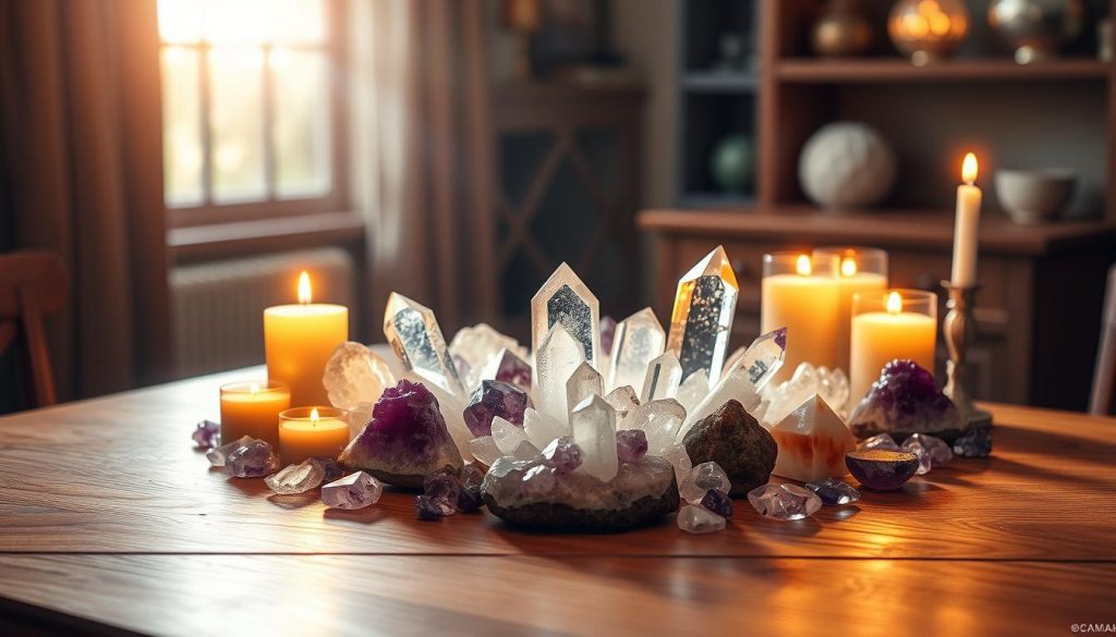 a highly detailed, hyper-realistic digital illustration of a crystal healing setup on a wooden table, with a variety of quartz crystals, amethyst clusters, and clear crystal points arranged in a symmetrical grid pattern, bathed in warm, soft lighting from candles and natural sunlight filtering through a window, creating a serene, calming, and spiritually-uplifting atmosphere, with a slight depth of field blur to focus on the crystal grid in the foreground